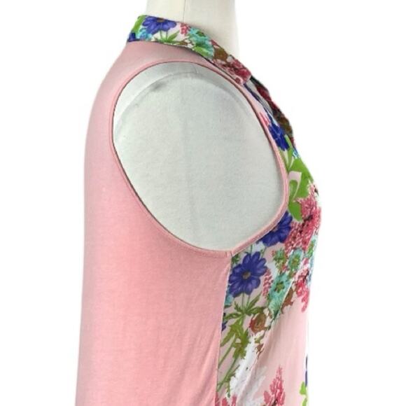 Femme Women’s Top Collared Sleeveless Mixed Media Pink Blue Multi Floral Size XL - Picture 7 of 12